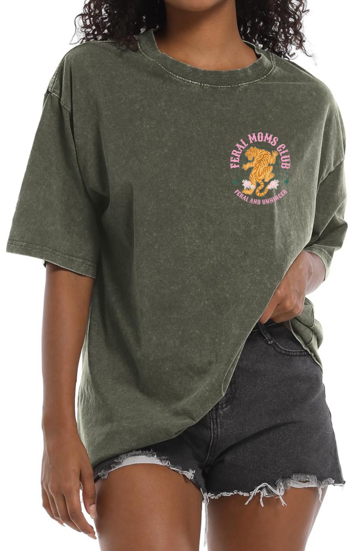 Feral moms green acid wash tee