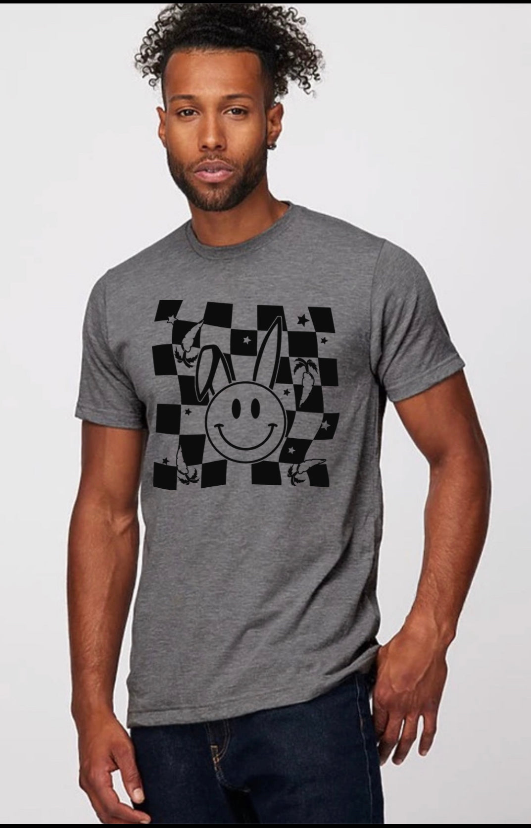 Adult unisex grey checker bunny tee