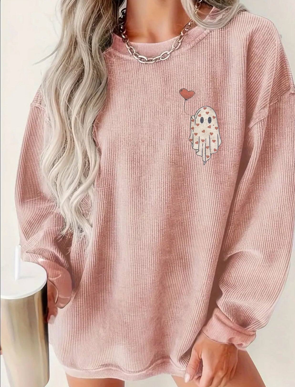 Pink corduroy heart ghost long sleeve shirt