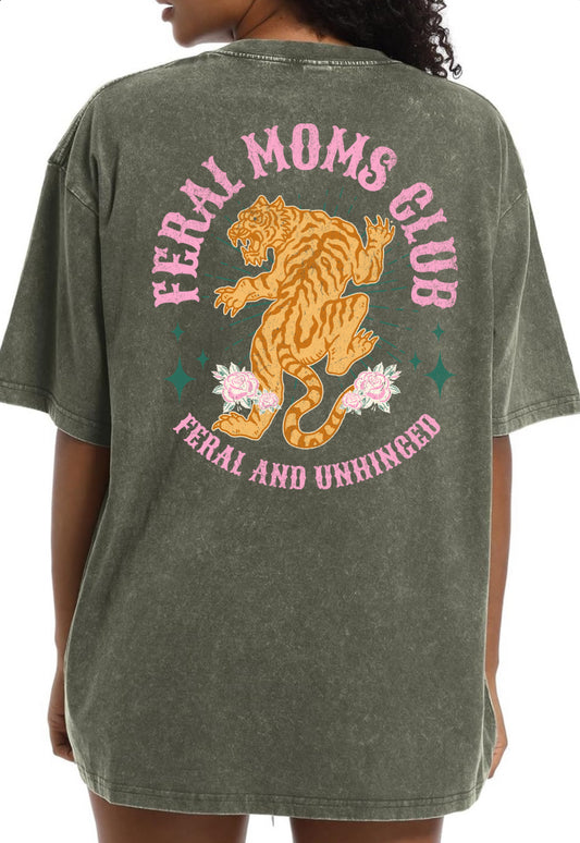 Feral moms green acid wash tee