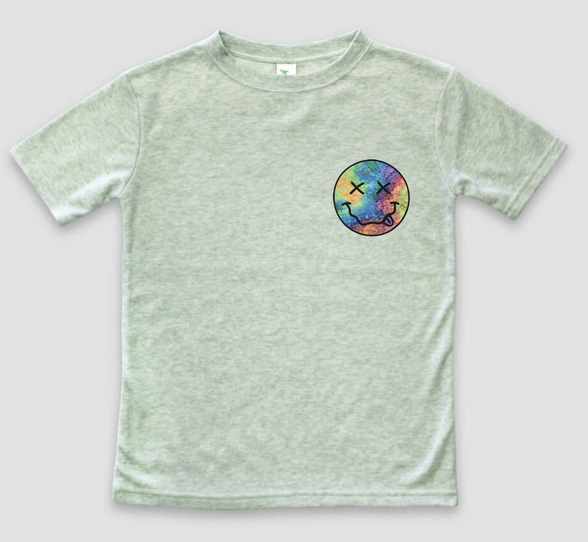 Kid green tie dye smiley tee