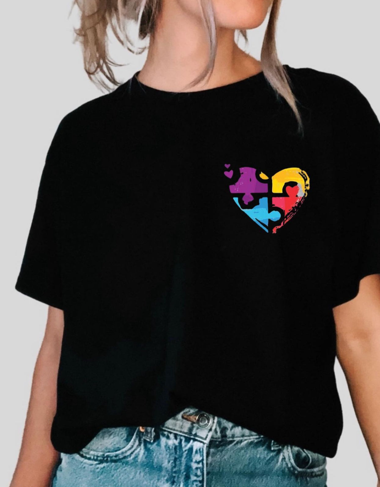 Autism Awareness pocket heart puzzle unisex black tee