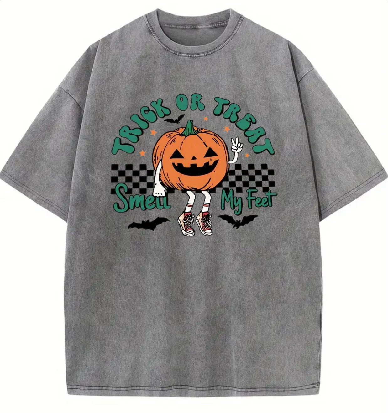 Trick or treat grey acid wash tee