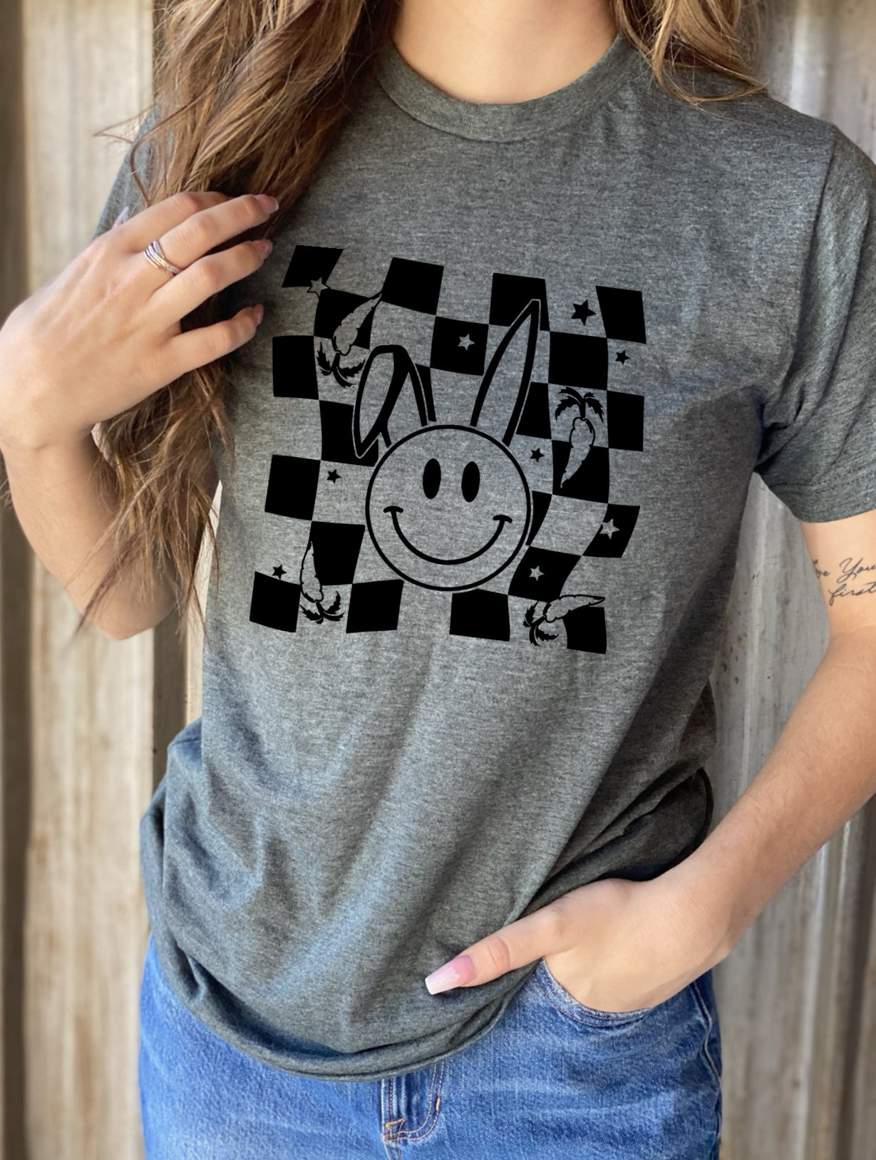 Adult unisex grey checker bunny tee